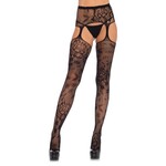 Leg Avenue Floral Lace Stockings With Attached Waist Garterbelt - Black - One Size