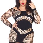 Leg Avenue Diamond net long sleeved mini dress w/opaque panel accents PLUS SIZE BLACK