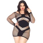 Leg Avenue Diamond net long sleeved mini dress w/opaque panel accents PLUS SIZE BLACK