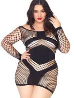Leg Avenue Diamond net long sleeved mini dress w/opaque panel accents PLUS SIZE BLACK