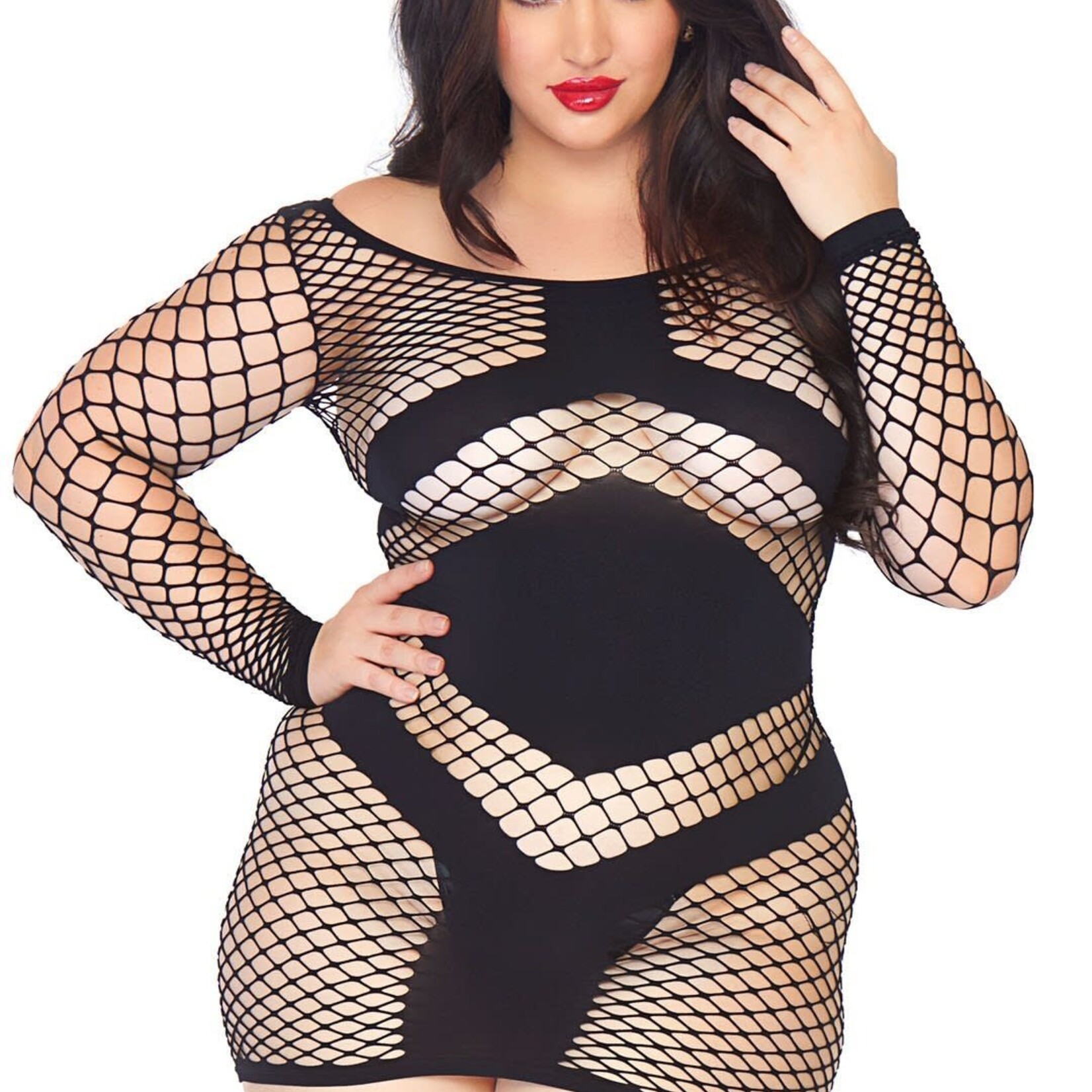 Leg Avenue Diamond net long sleeved mini dress w/opaque panel accents PLUS SIZE BLACK