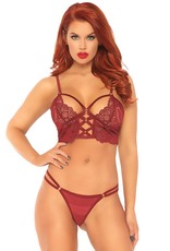 Leg Avenue 2 Pc Lace Bralette With Cage Strap O-Ring Bodice Detail and Matching G-String - Burgandy - Small/ Medium