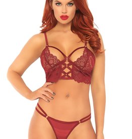 Leg Avenue 2 Pc Lace Bralette With Cage Strap O-Ring Bodice Detail and Matching G-String - Burgandy - Small/ Medium
