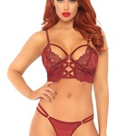 Leg Avenue 2 Pc Lace Bralette With Cage Strap O-Ring Bodice Detail and Matching G-String - Burgandy - Medium/ Large