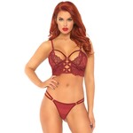 Leg Avenue 2 Pc Lace Bralette With Cage Strap O-Ring Bodice Detail and Matching G-String - Burgandy - Medium/ Large