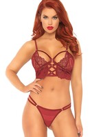 Leg Avenue 2 Pc Lace Bralette With Cage Strap O-Ring Bodice Detail and Matching G-String - Burgandy - Medium/ Large
