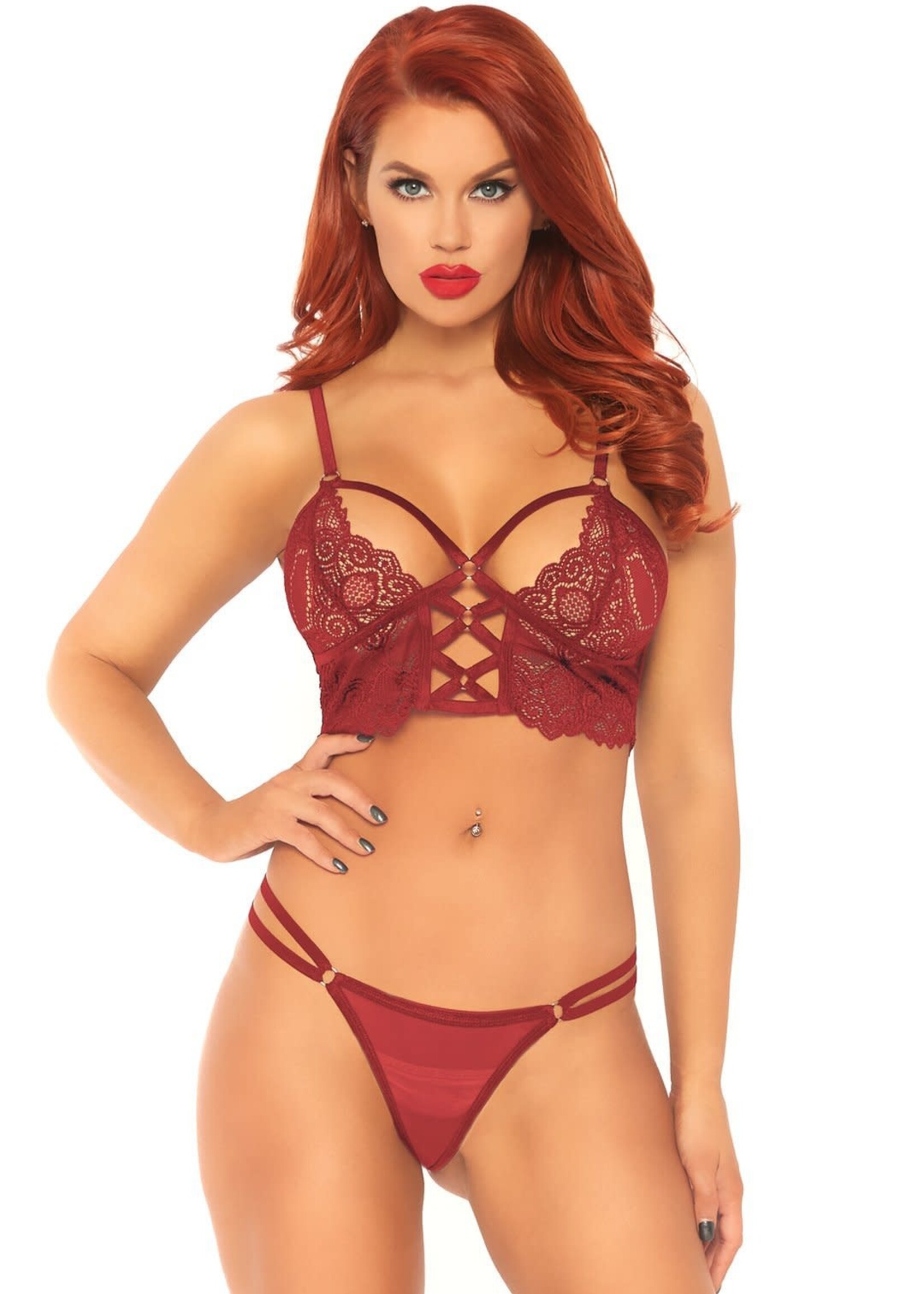 Leg Avenue 2 Pc Lace Bralette With Cage Strap O-Ring Bodice Detail and Matching G-String - Burgandy - Medium/ Large
