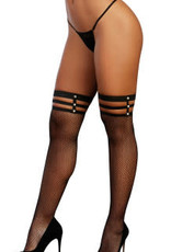 Dreamgirl Strappy Fishnet Thigh High - One Size - Black