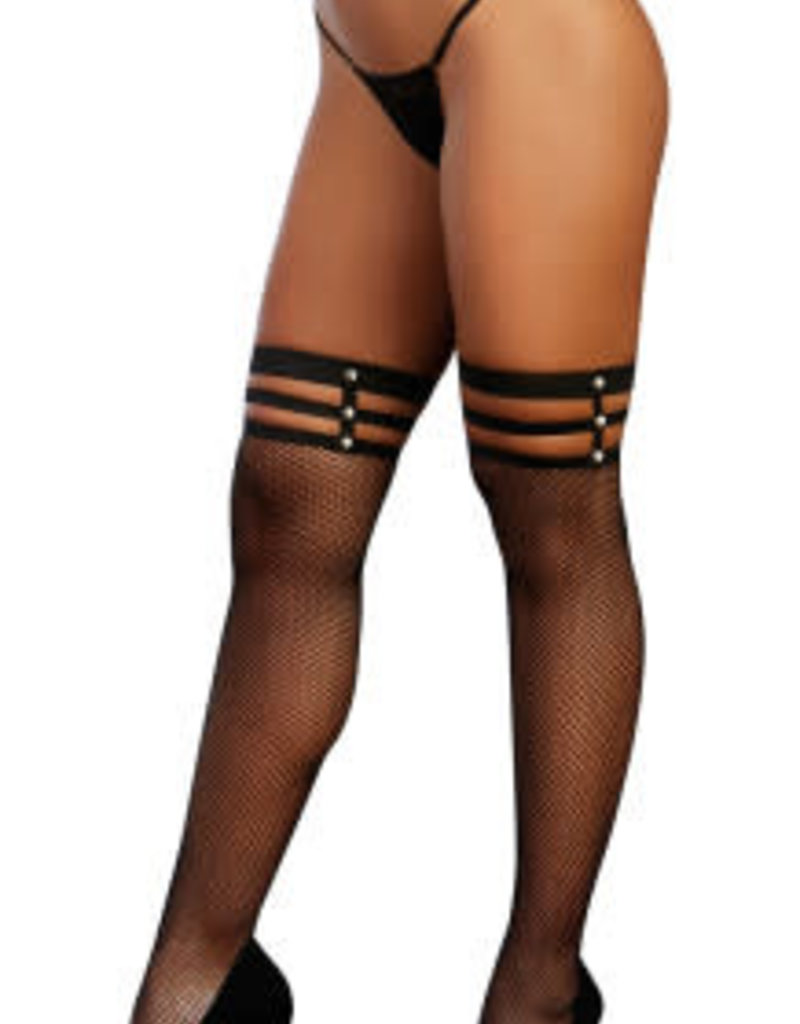 Dreamgirl Strappy Fishnet Thigh High - One Size - Black