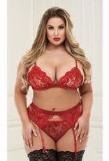 Baci 3PC LACE GARTER SET-RED-QUEEN