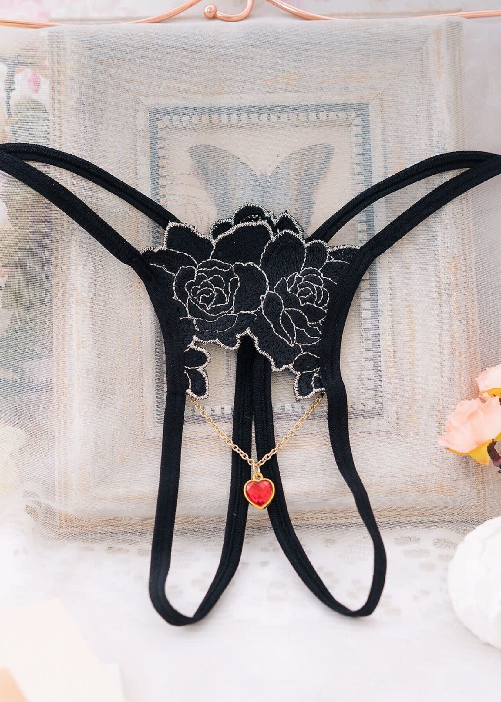 Everest Trading BLACK COLOR OPEN CROTCH G - STRING WITH RED HEART JEWEL - OS