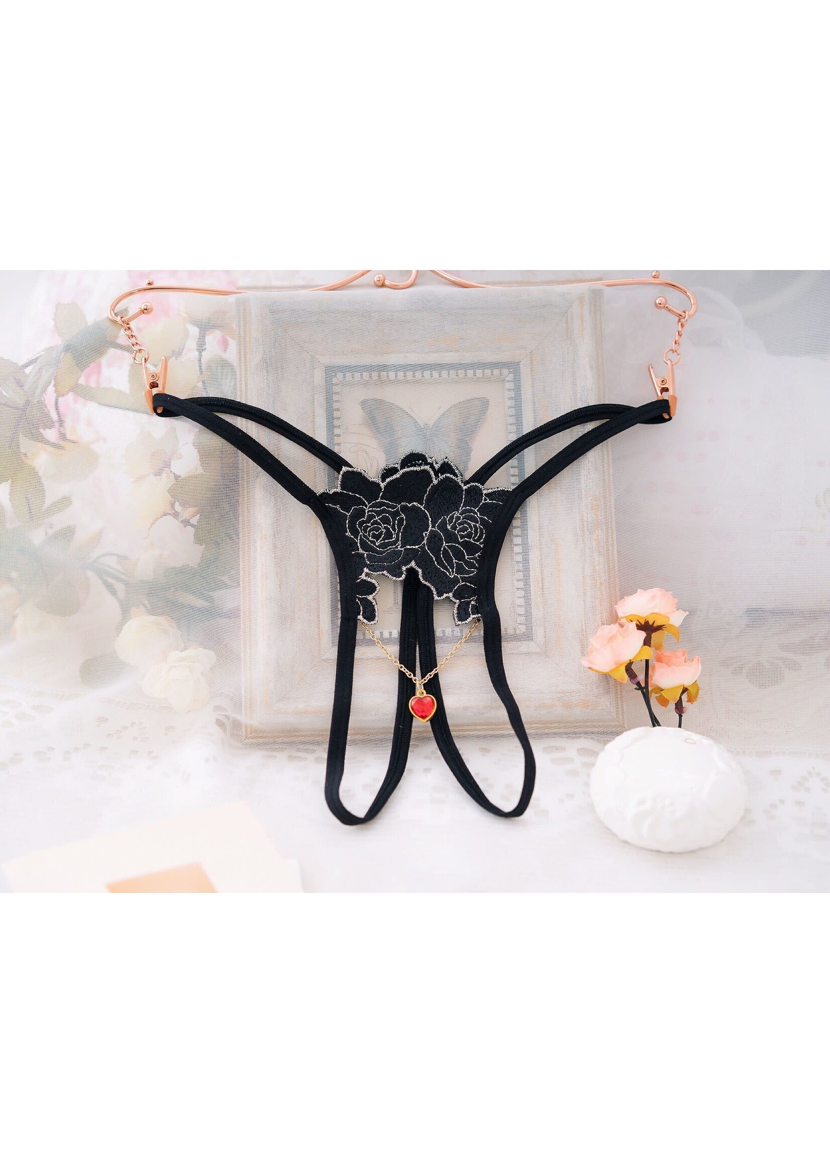 Everest Trading BLACK COLOR OPEN CROTCH G - STRING WITH RED HEART JEWEL - OS