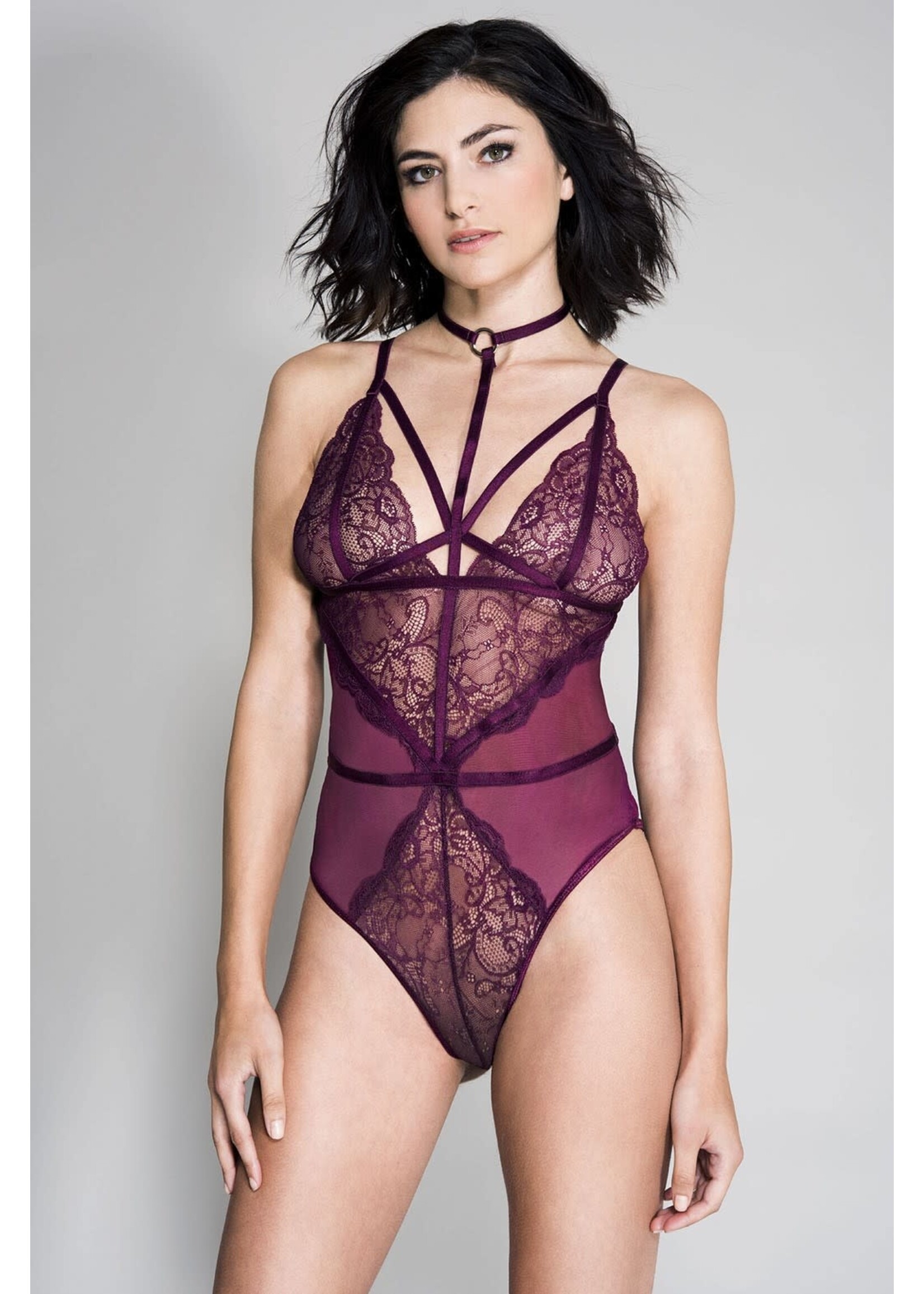 High strap neck lace and sheer teddy with adjustable spaghetti straps - OS