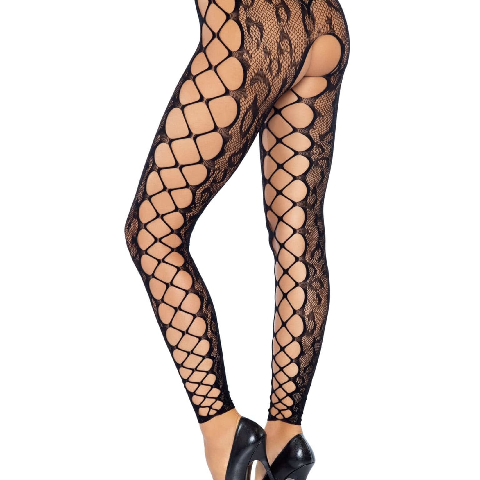 Leg Avenue Footless Leopard Lace Crotchless Tights - Black