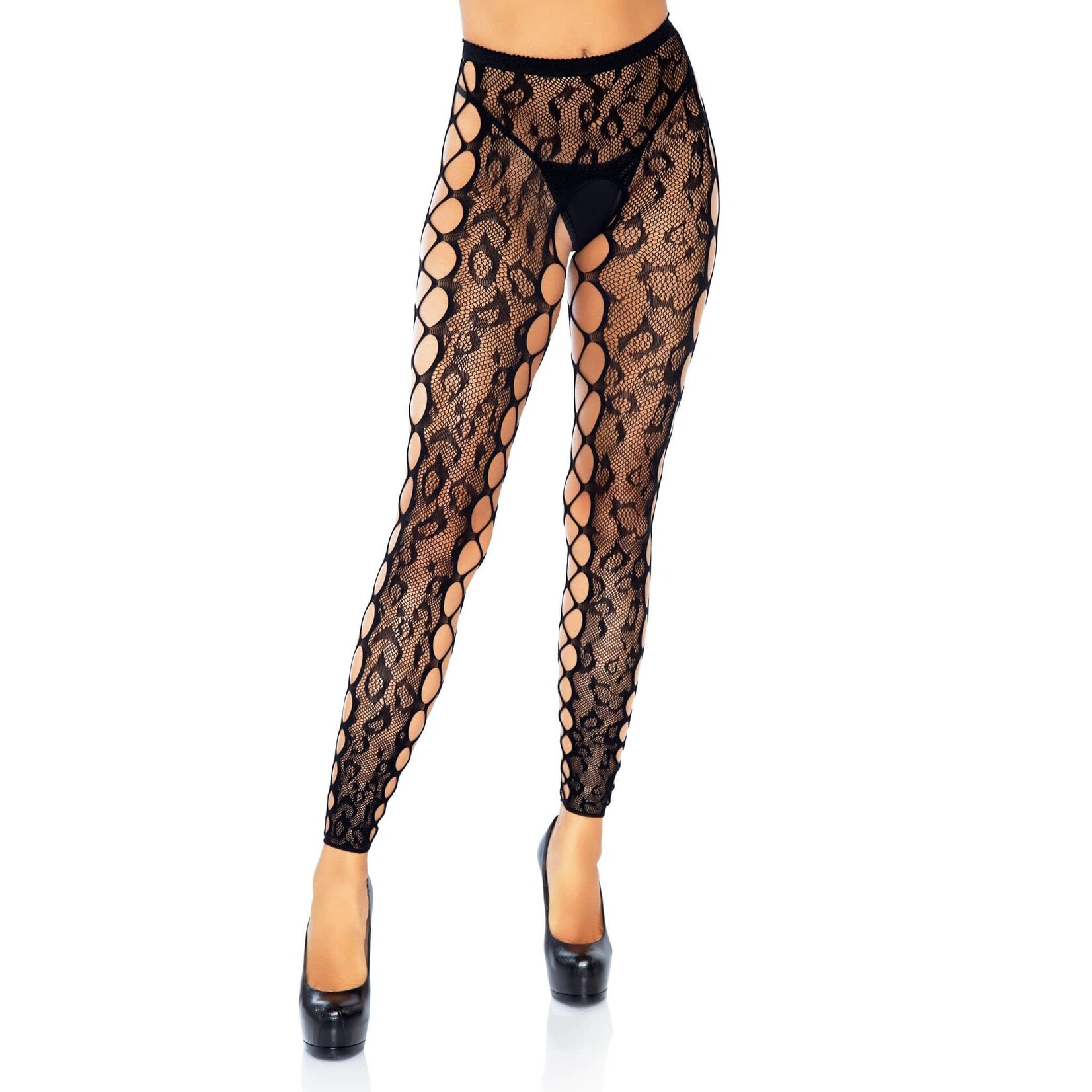 Leg Avenue Footless Leopard Lace Crotchless Tights - Black