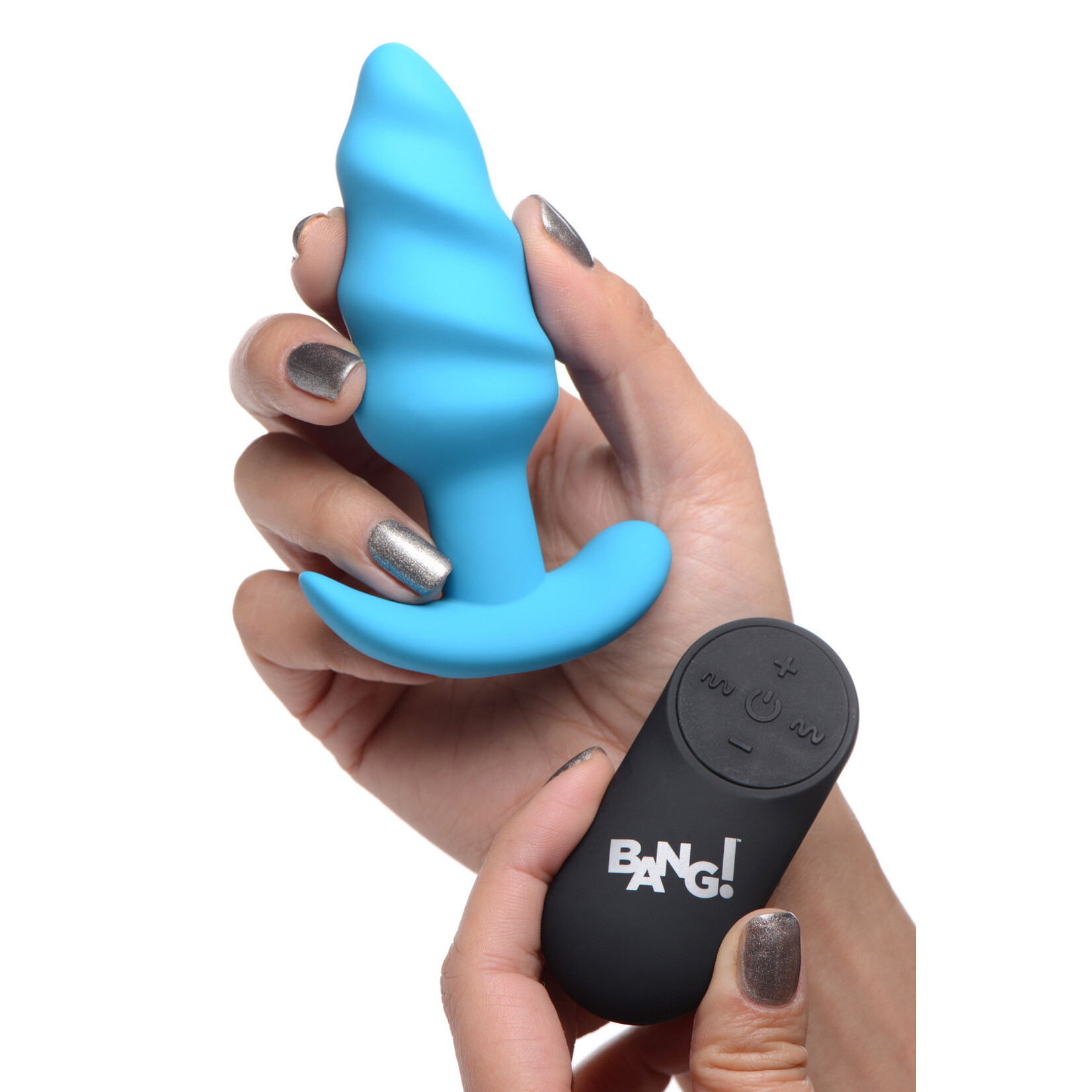 XR Brands Bang 21x Silicone Swirl Plug With Remote - Blue