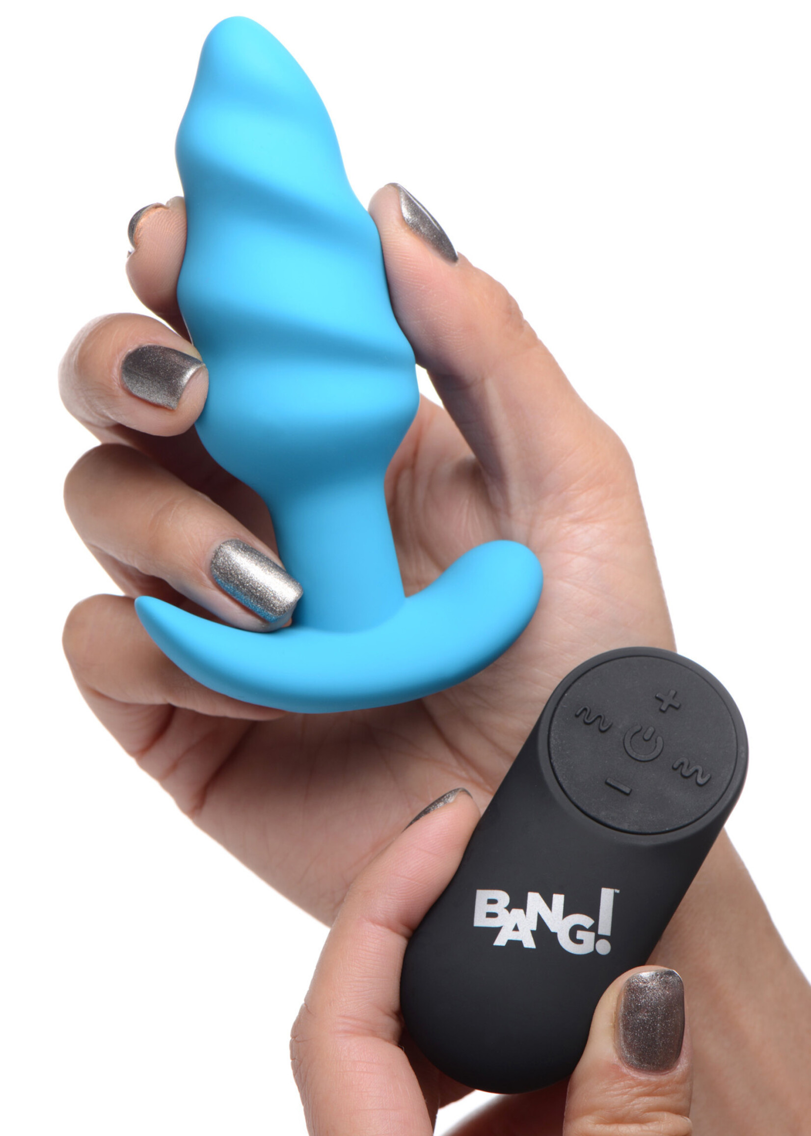 XR Brands Bang 21x Silicone Swirl Plug With Remote - Blue