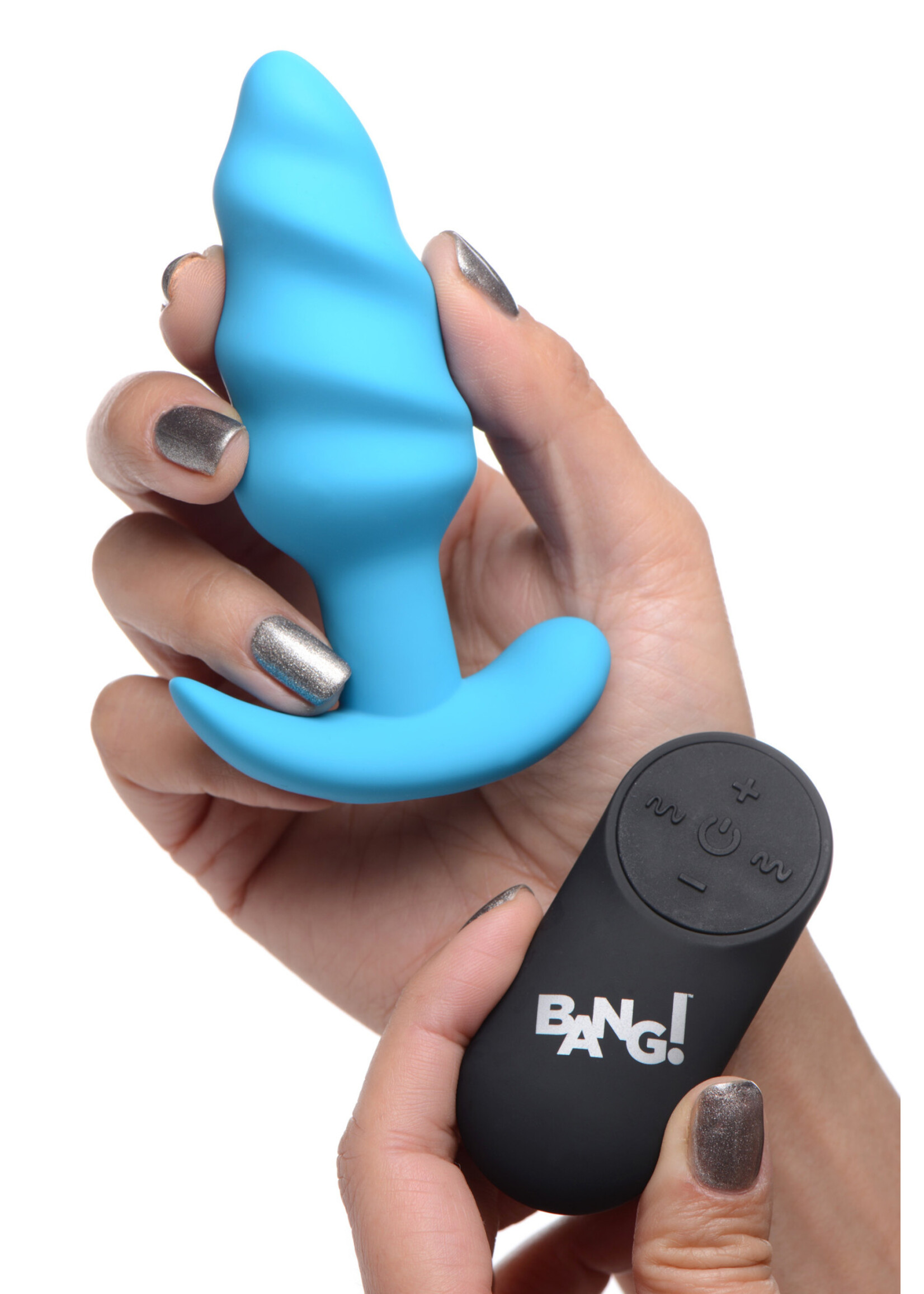 XR Brands Bang 21x Silicone Swirl Plug With Remote - Blue