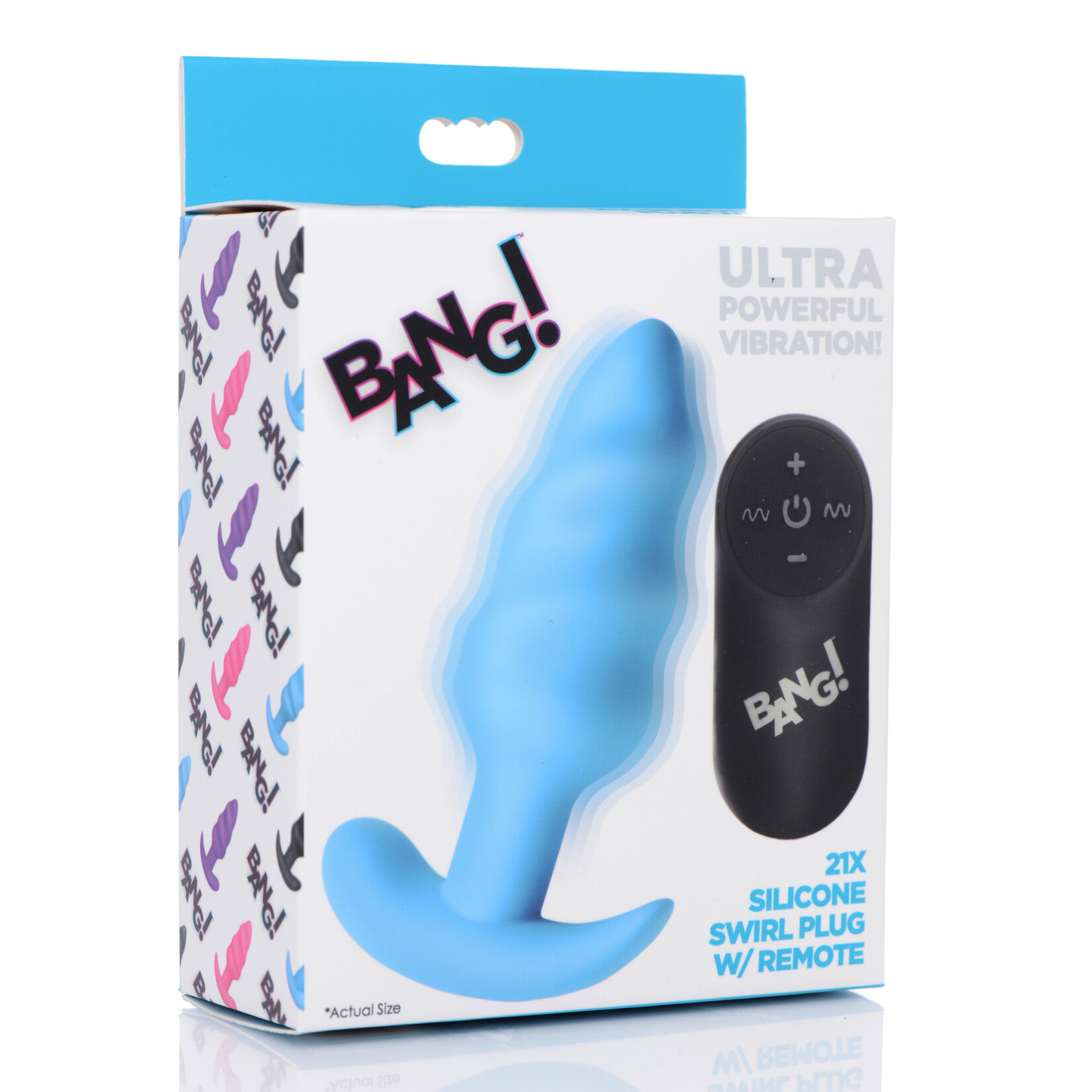 XR Brands Bang 21x Silicone Swirl Plug With Remote - Blue