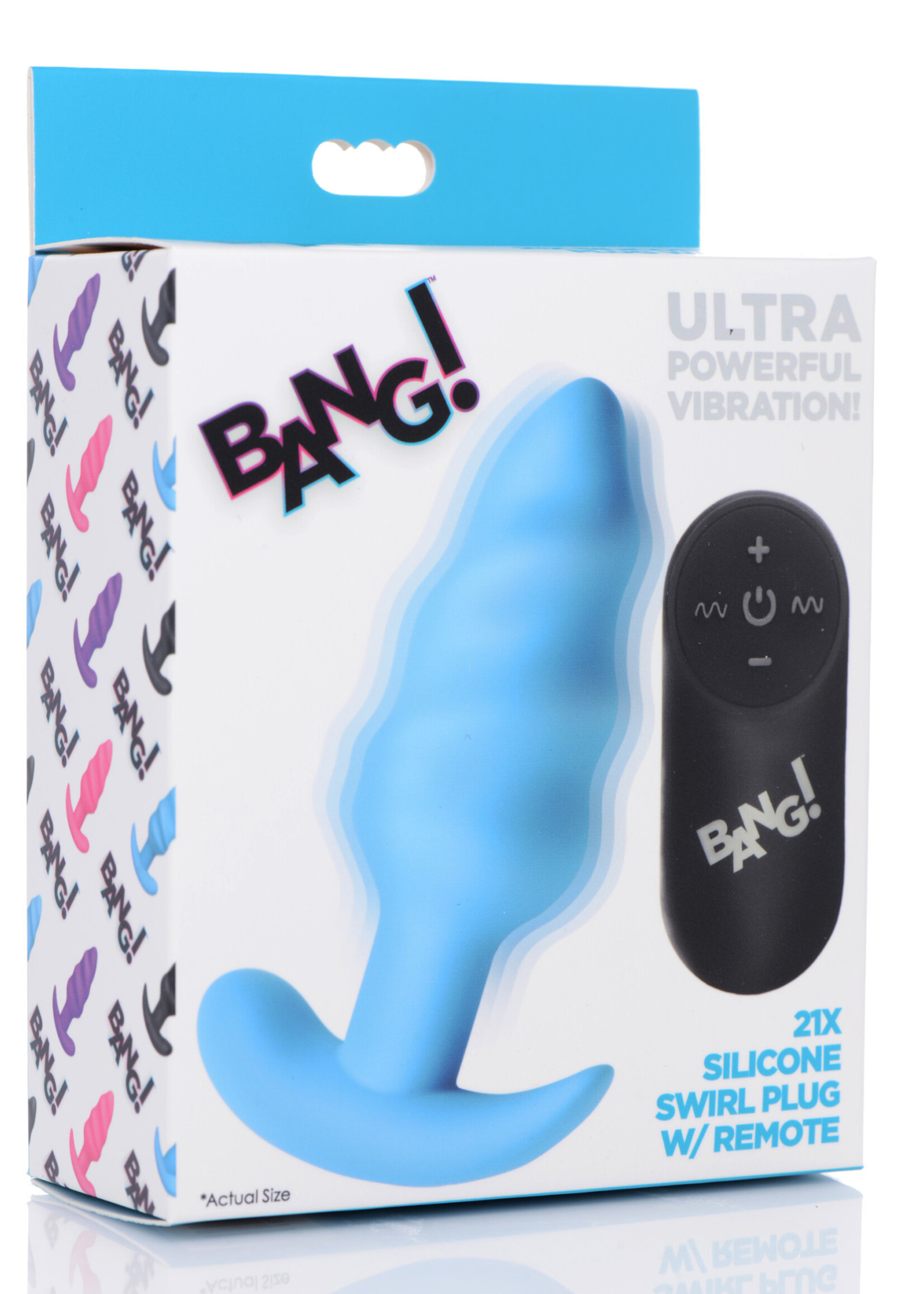 XR Brands Bang 21x Silicone Swirl Plug With Remote - Blue