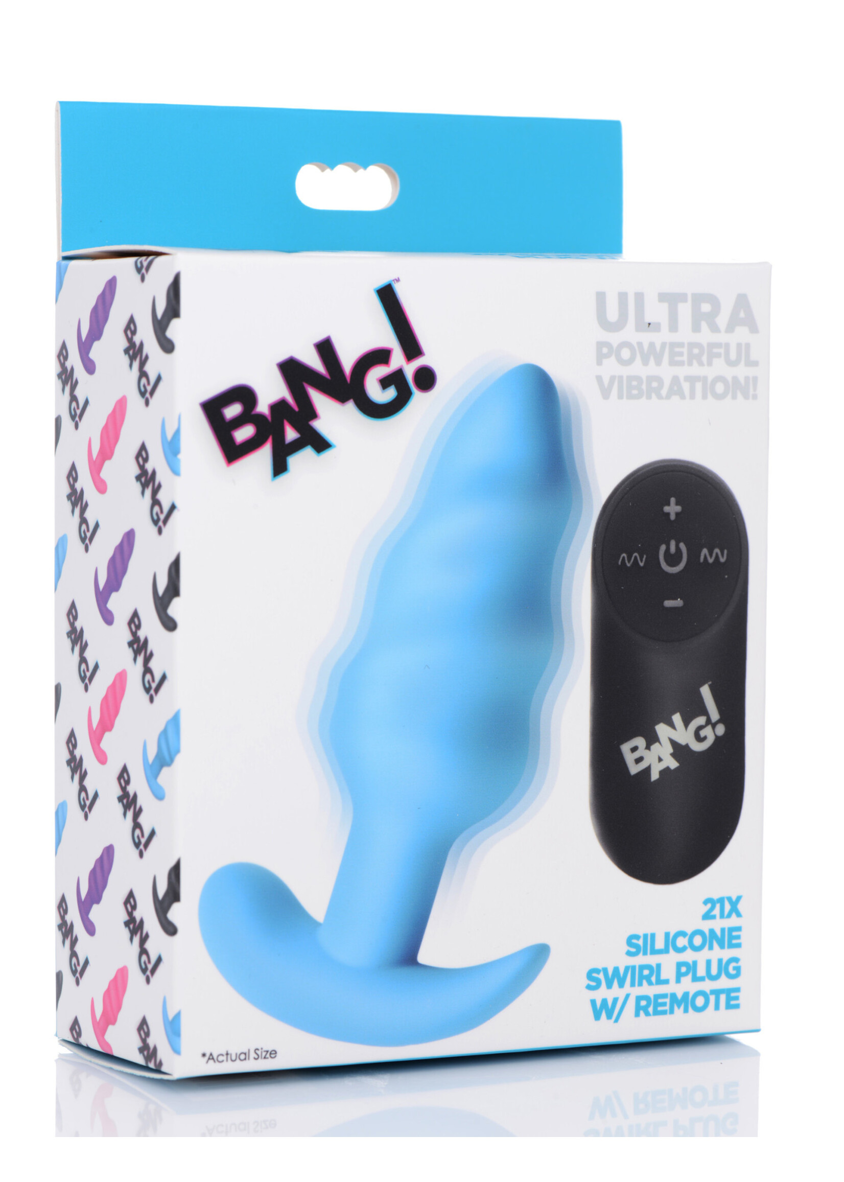 XR Brands Bang 21x Silicone Swirl Plug With Remote - Blue
