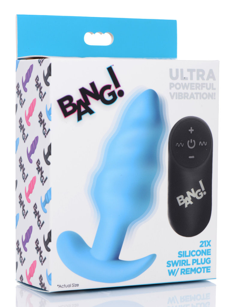 XR Brands Bang 21x Silicone Swirl Plug With Remote - Blue