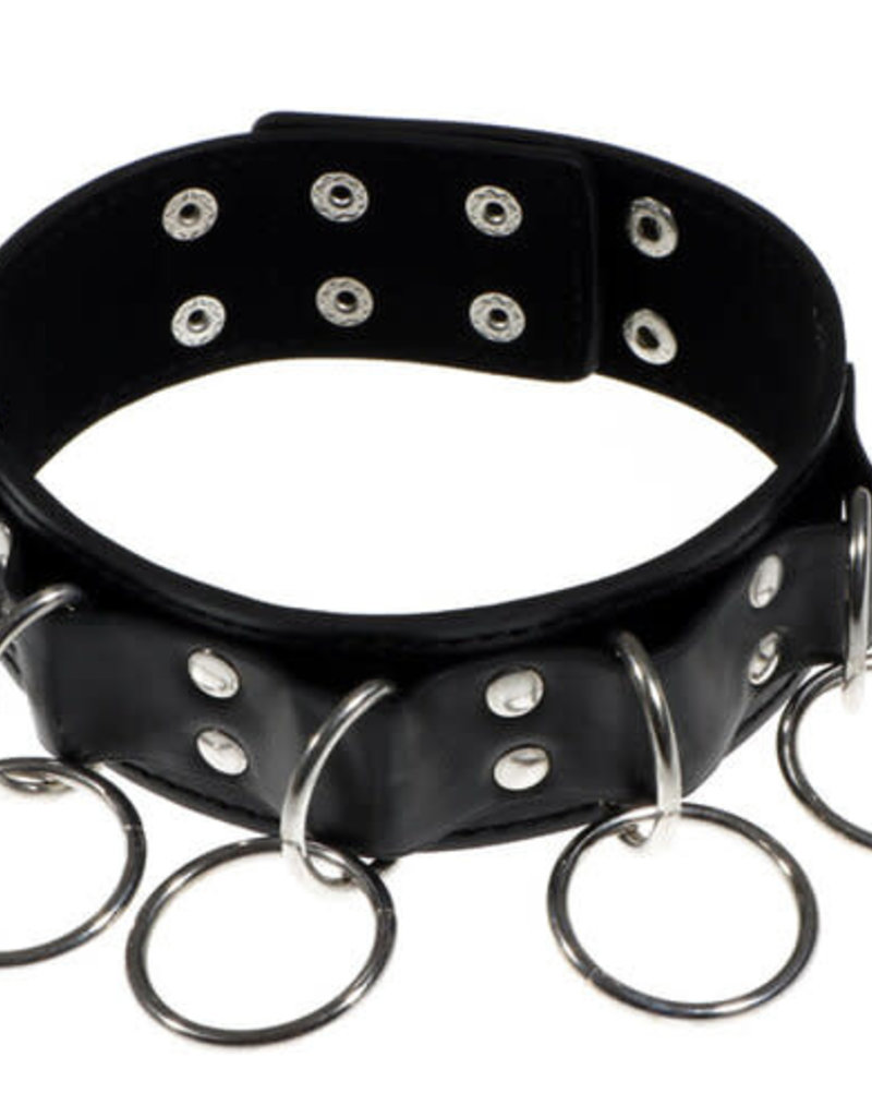 Touch of Fur Adjustable Leather Collar with O-Rings - Black