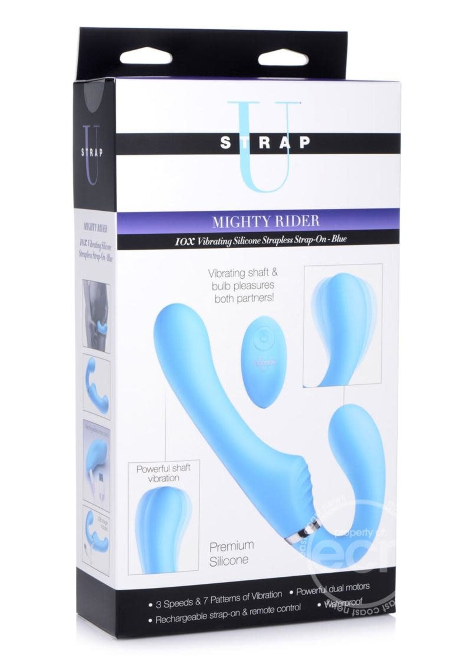 XR Brands Strap U Strap U Mighty Rider 10x Silicone Rechargeable Strapless Strap-On - Blue