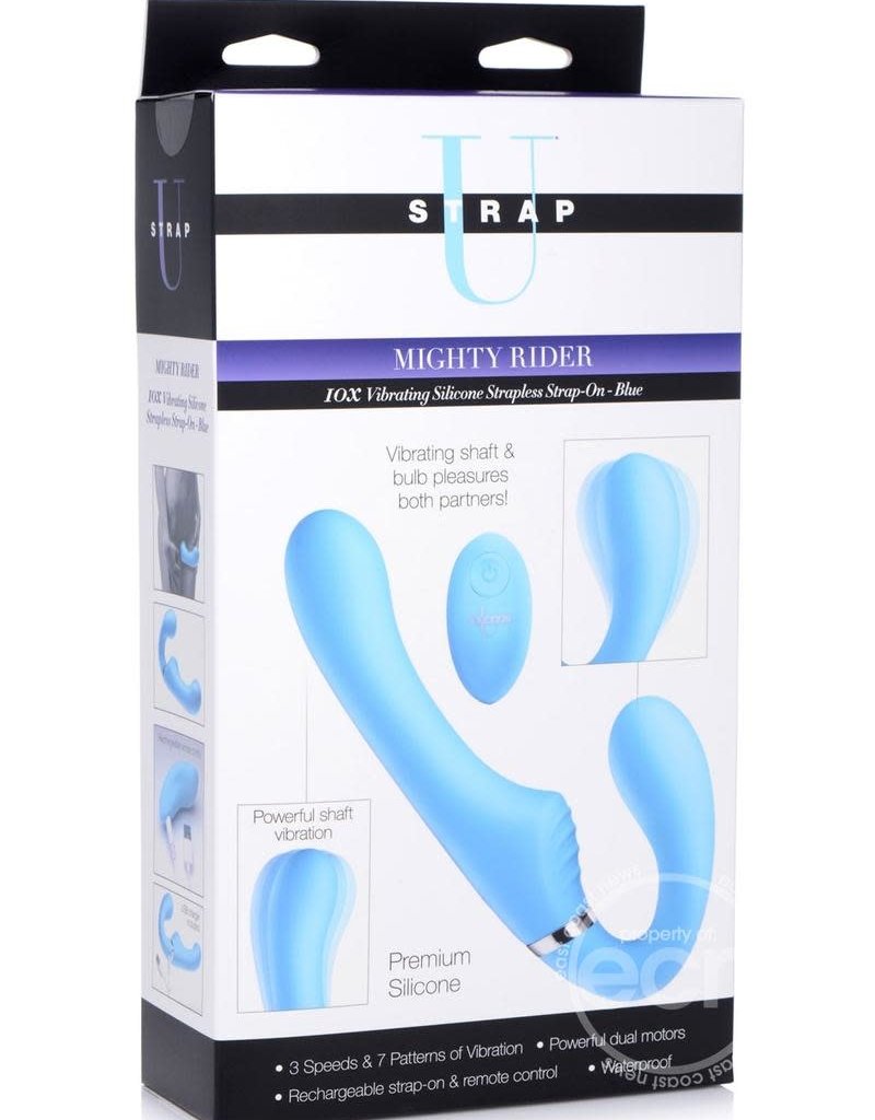 XR Brands Strap U Strap U Mighty Rider 10x Silicone Rechargeable Strapless Strap-On - Blue