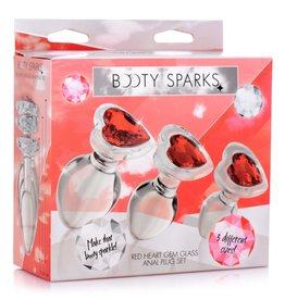 XR Brands Booty Sparks Booty Sparks Red Heart Gem Glass Plug Set 3pc - S/M/L - Red/Clear