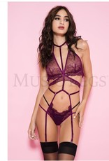 Music Legs Strappy teddy with attached garters - Burgundy - OS
