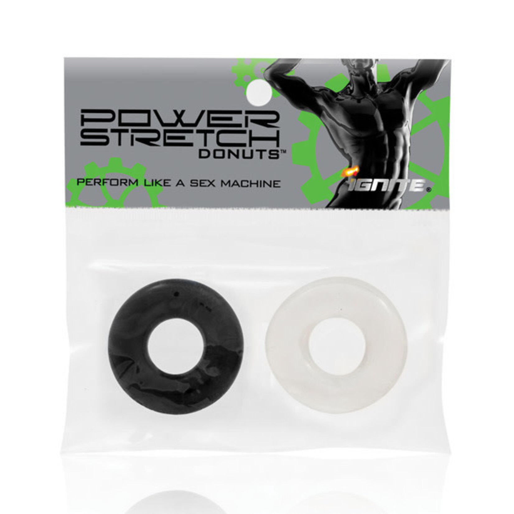SI Novelties Ignite Power Stretch Donut Cock Ring - Clear/Black Pack of 2