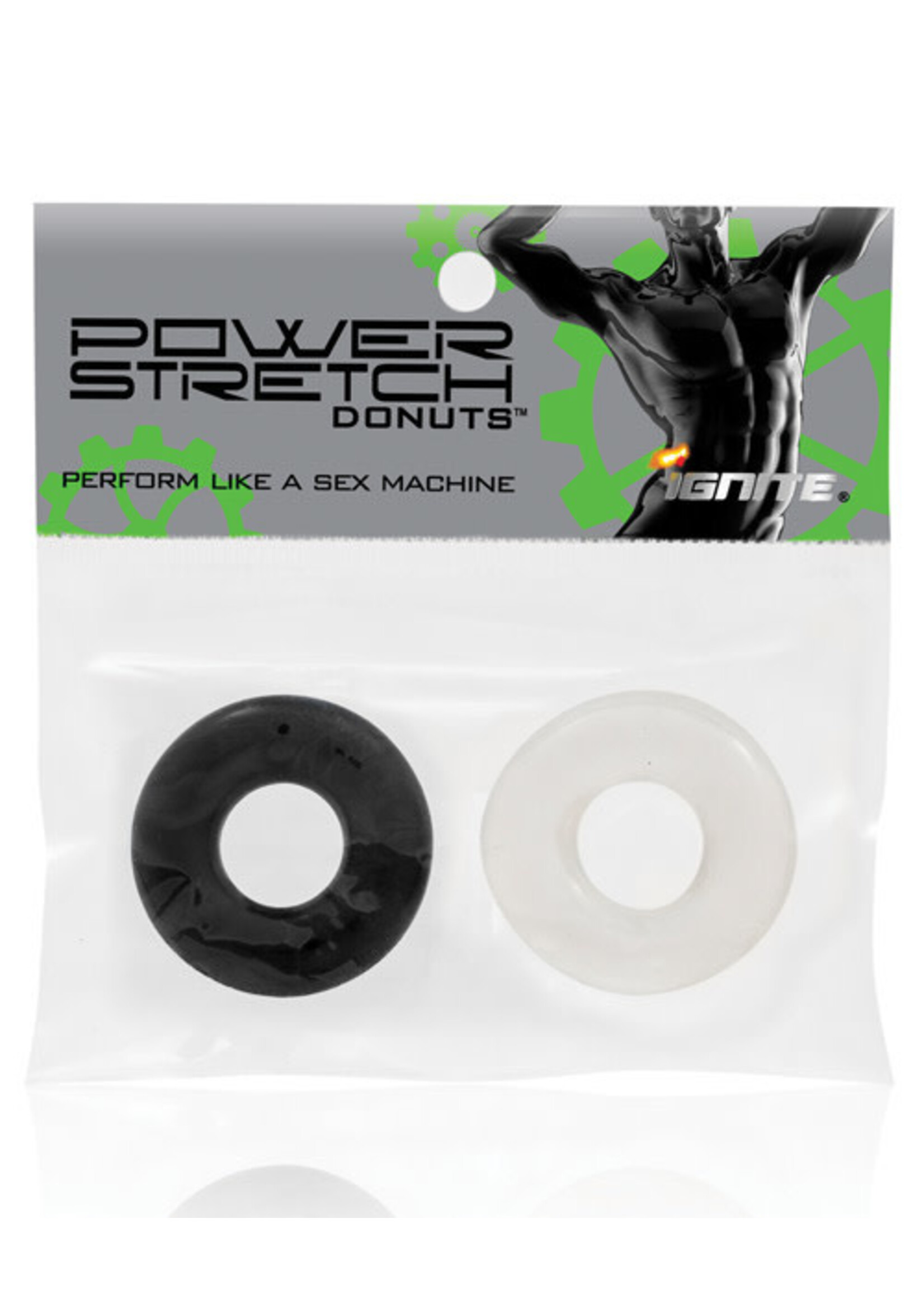SI Novelties Ignite Power Stretch Donut Cock Ring - Clear/Black Pack of 2