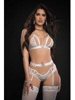 G World 3pc Lace Lingerie Set With Strappy Bra Cut Out Garter Cheeky Panty and Stockings - One Size - White