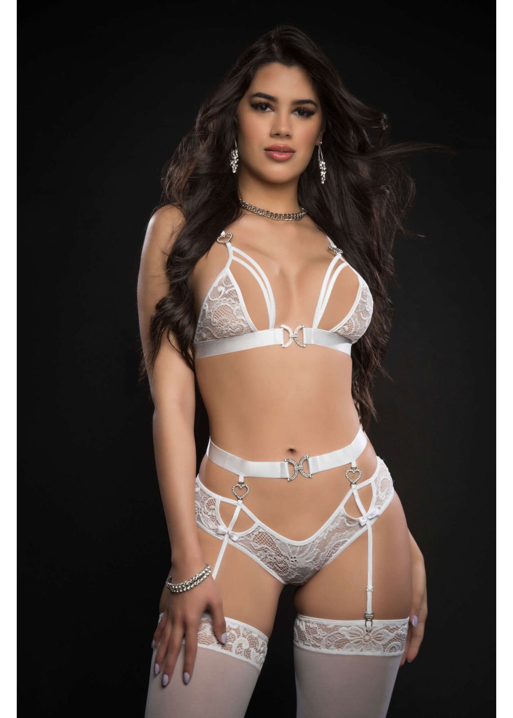 G World 3pc Lace Lingerie Set With Strappy Bra Cut Out Garter Cheeky Panty and Stockings - One Size - White