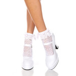Music Legs Heart net design ankle hi with ruffle trim - White - OS