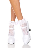 Music Legs Heart net design ankle hi with ruffle trim - White - OS