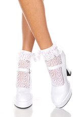 Music Legs Heart net design ankle hi with ruffle trim - White - OS