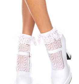 Music Legs Heart net design ankle hi with ruffle trim - White - OS