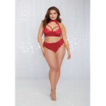 Dreamgirl Holiday Stretch Velvet & Lace Halter Bra w/Open Back Panty Rouge Queen Size