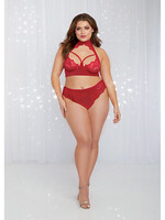 Dreamgirl Holiday Stretch Velvet & Lace Halter Bra w/Open Back Panty Rouge Queen Size