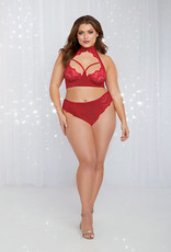 Dreamgirl Holiday Stretch Velvet & Lace Halter Bra w/Open Back Panty Rouge Queen Size