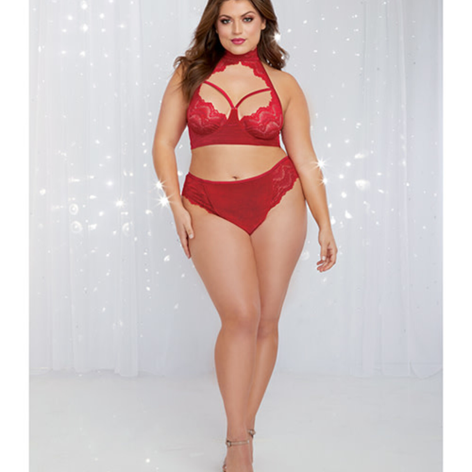 Dreamgirl Holiday Stretch Velvet & Lace Halter Bra w/Open Back Panty Rouge Queen Size