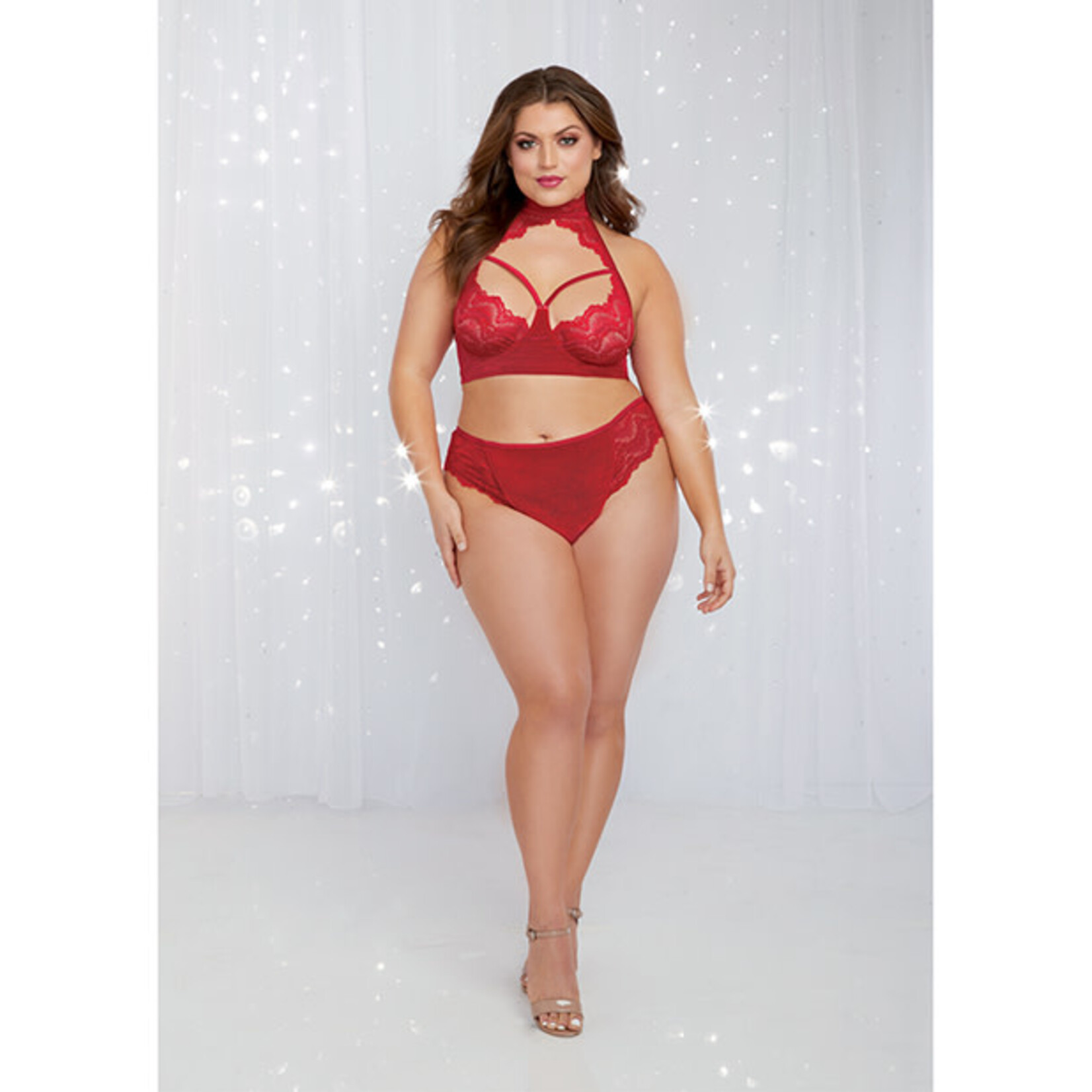 Dreamgirl Holiday Stretch Velvet & Lace Halter Bra w/Open Back Panty Rouge Queen Size
