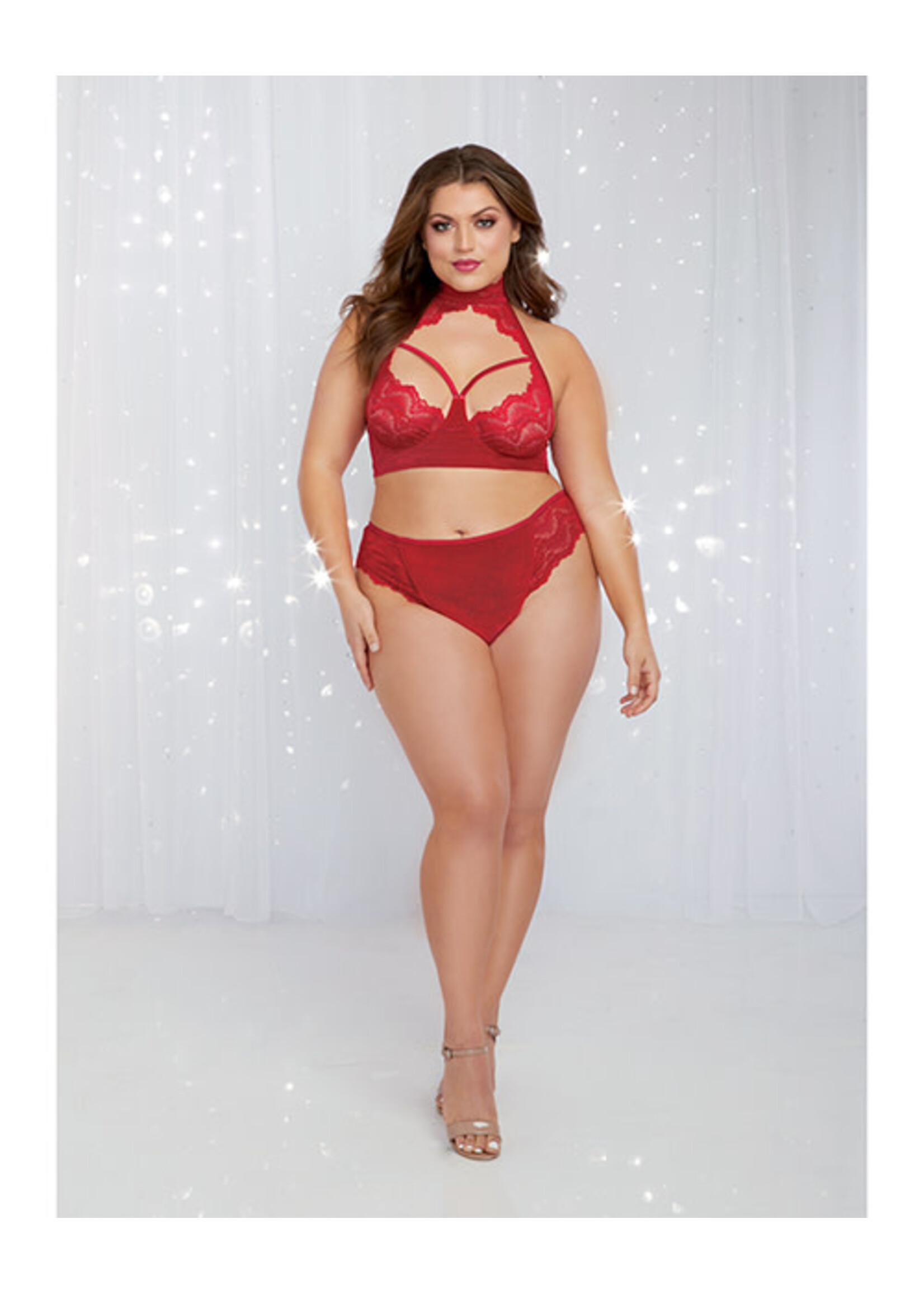 Dreamgirl Holiday Stretch Velvet & Lace Halter Bra w/Open Back Panty Rouge Queen Size