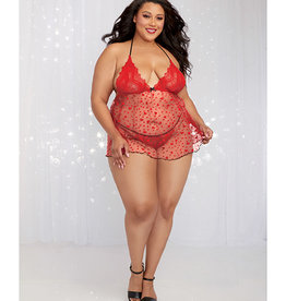 Dreamgirl Valentines Flocked Heart Mesh Babydoll & G-String Rouge Queen Size