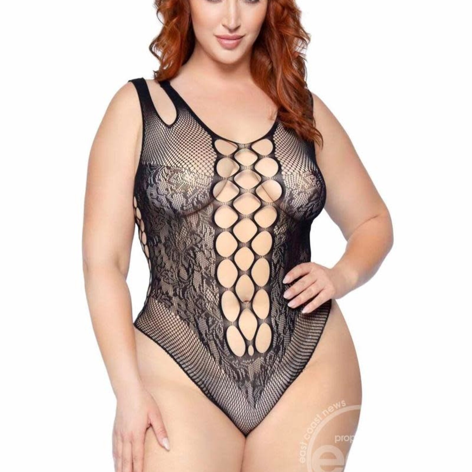 Leg Avenue Seamless Net Lace Bodysuit with Dual Shoulder Straps and Cheeky Cut Bottom - 1X/2X
