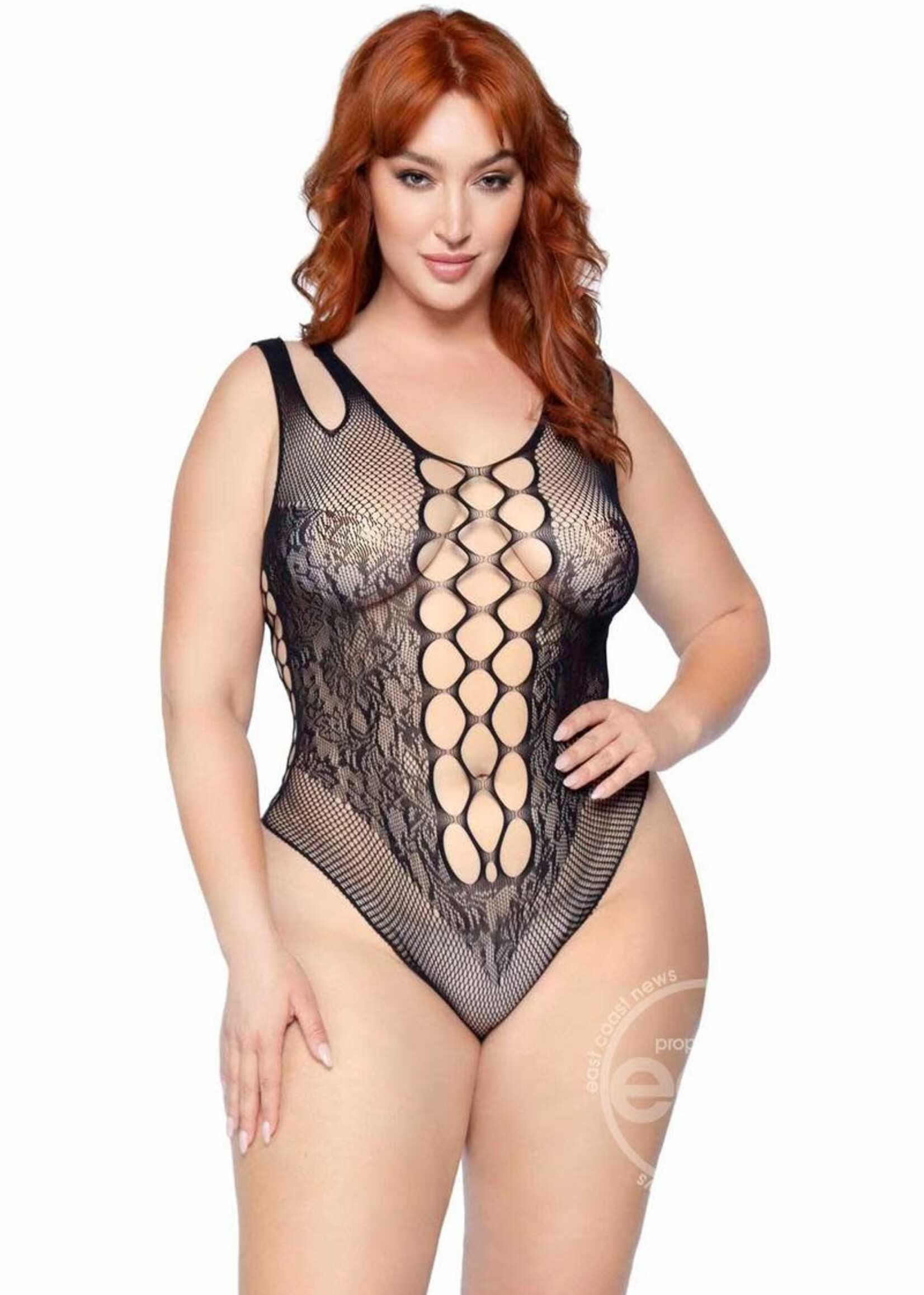 Leg Avenue Seamless Net Lace Bodysuit with Dual Shoulder Straps and Cheeky Cut Bottom - 1X/2X