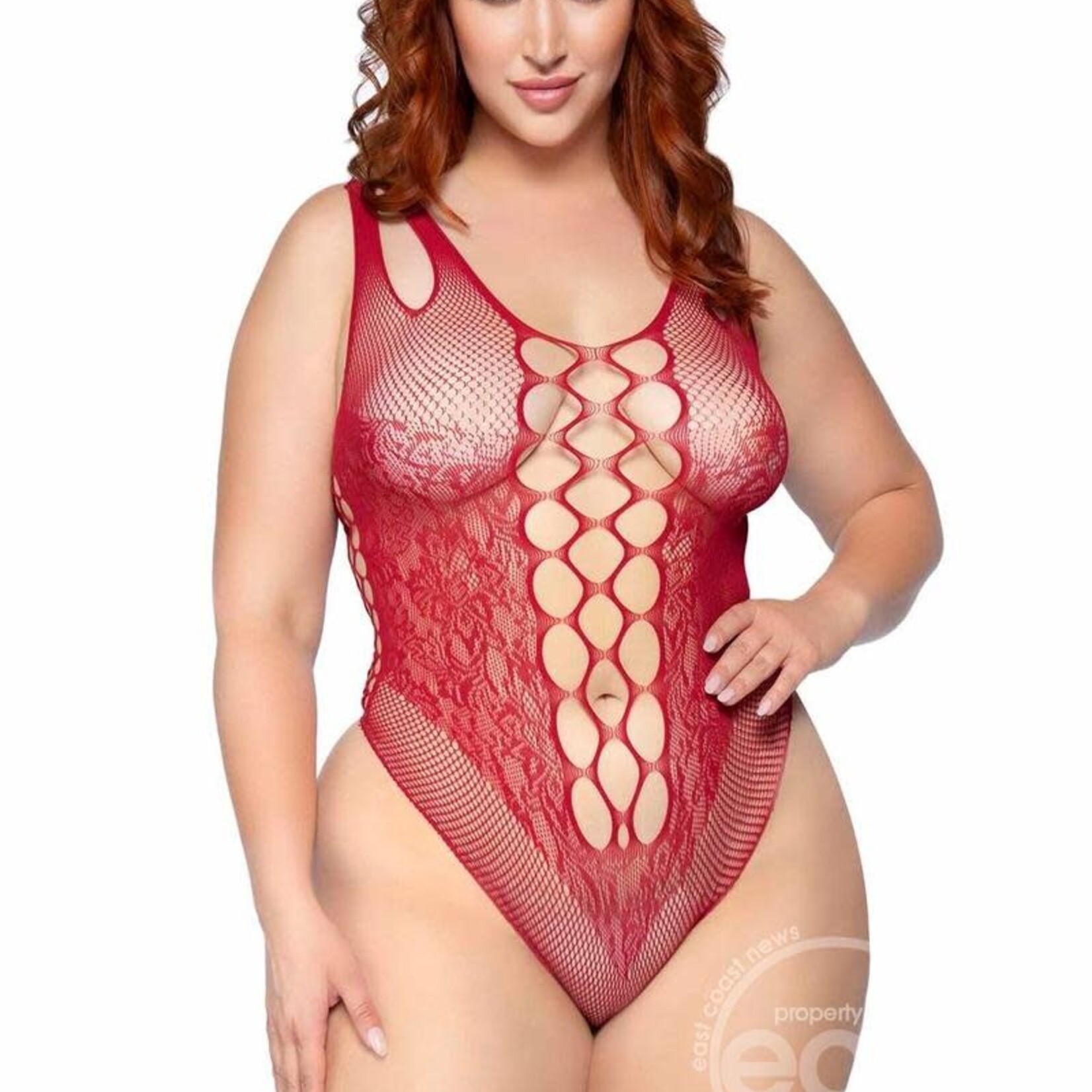 Leg Avenue Seamless Net Lace Bodysuit with Dual Shoulder Straps and Cheeky Cut Bottom - 1X/2X