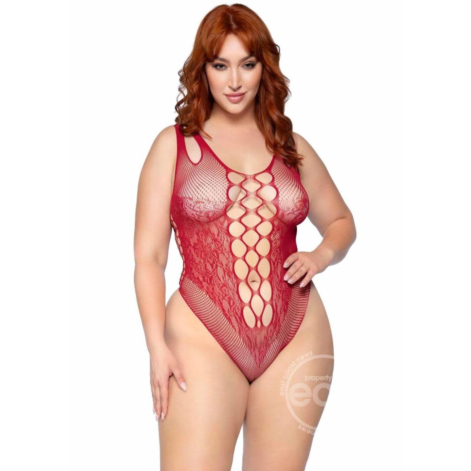Leg Avenue Seamless Net Lace Bodysuit with Dual Shoulder Straps and Cheeky Cut Bottom - 1X/2X